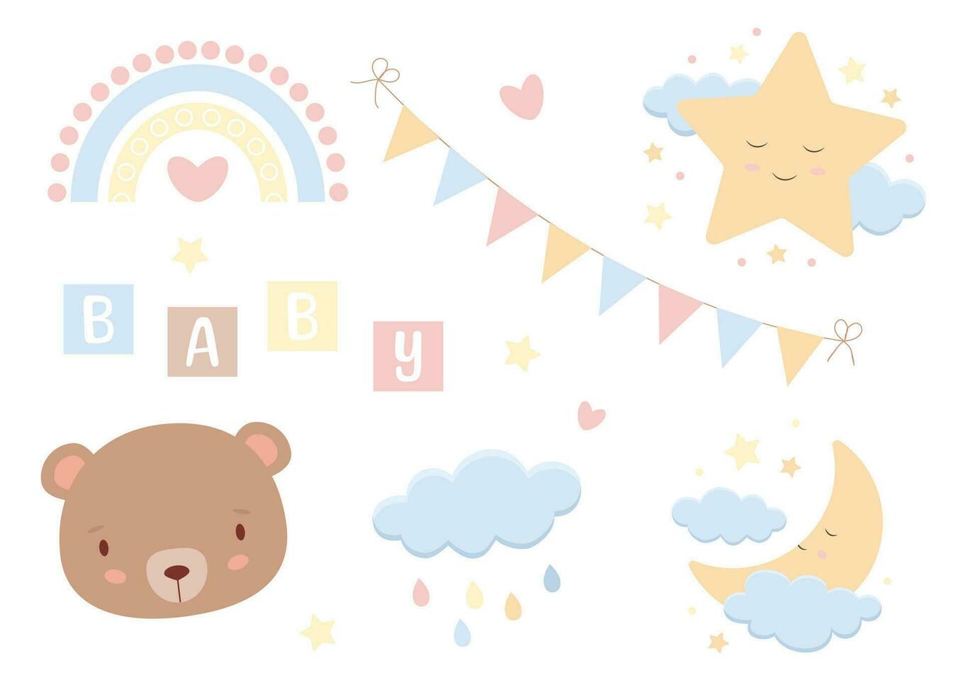 Vector illustration for celebrating baby shower. Cute bear, rainbow, star, moon and cloud