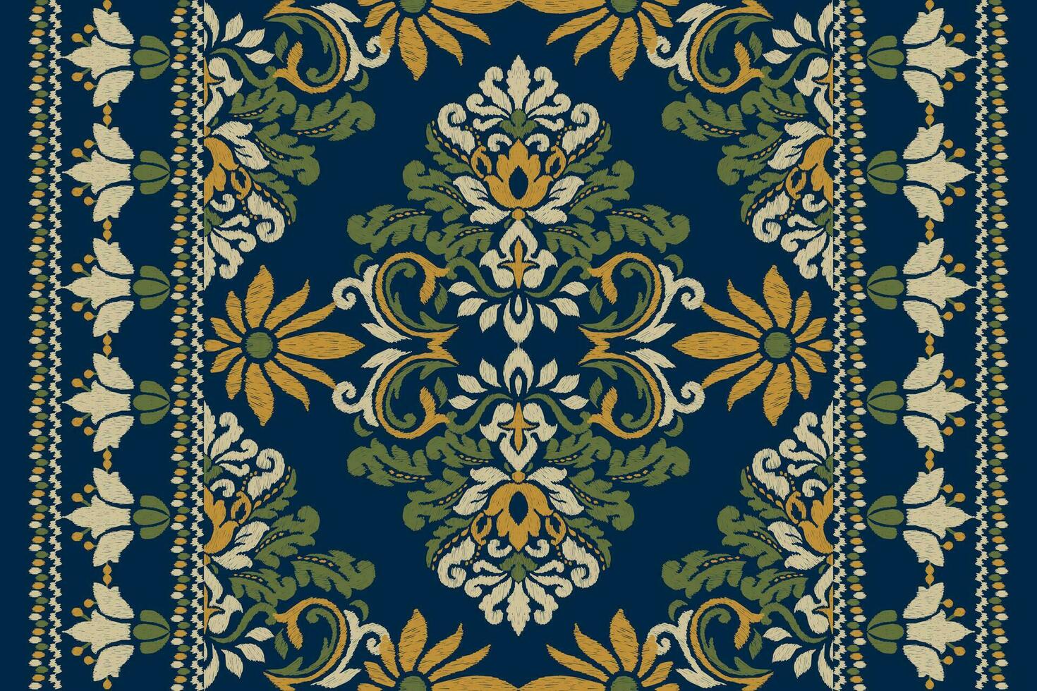 Ikat floral paisley embroidery on navy background.Ikat ethnic oriental pattern traditional.Aztec style abstract vector illustration.design for texture,fabric,clothing,wrapping,decoration,scarf,carpet.