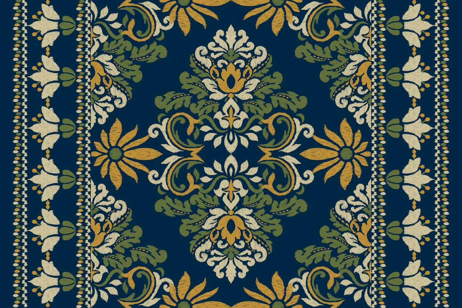 ikat floral cachemir bordado en Armada fondo.ikat étnico oriental modelo tradicional.azteca estilo resumen vector ilustración.diseño para textura,tela,ropa,envoltura,decoración,bufanda,alfombra.