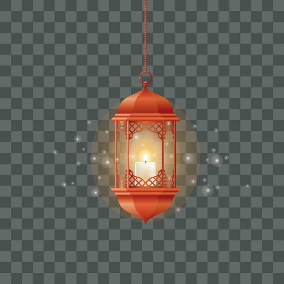 Vector red vintage luminous lanterns. arabic shining lamps. isolated hanging realistic lamps