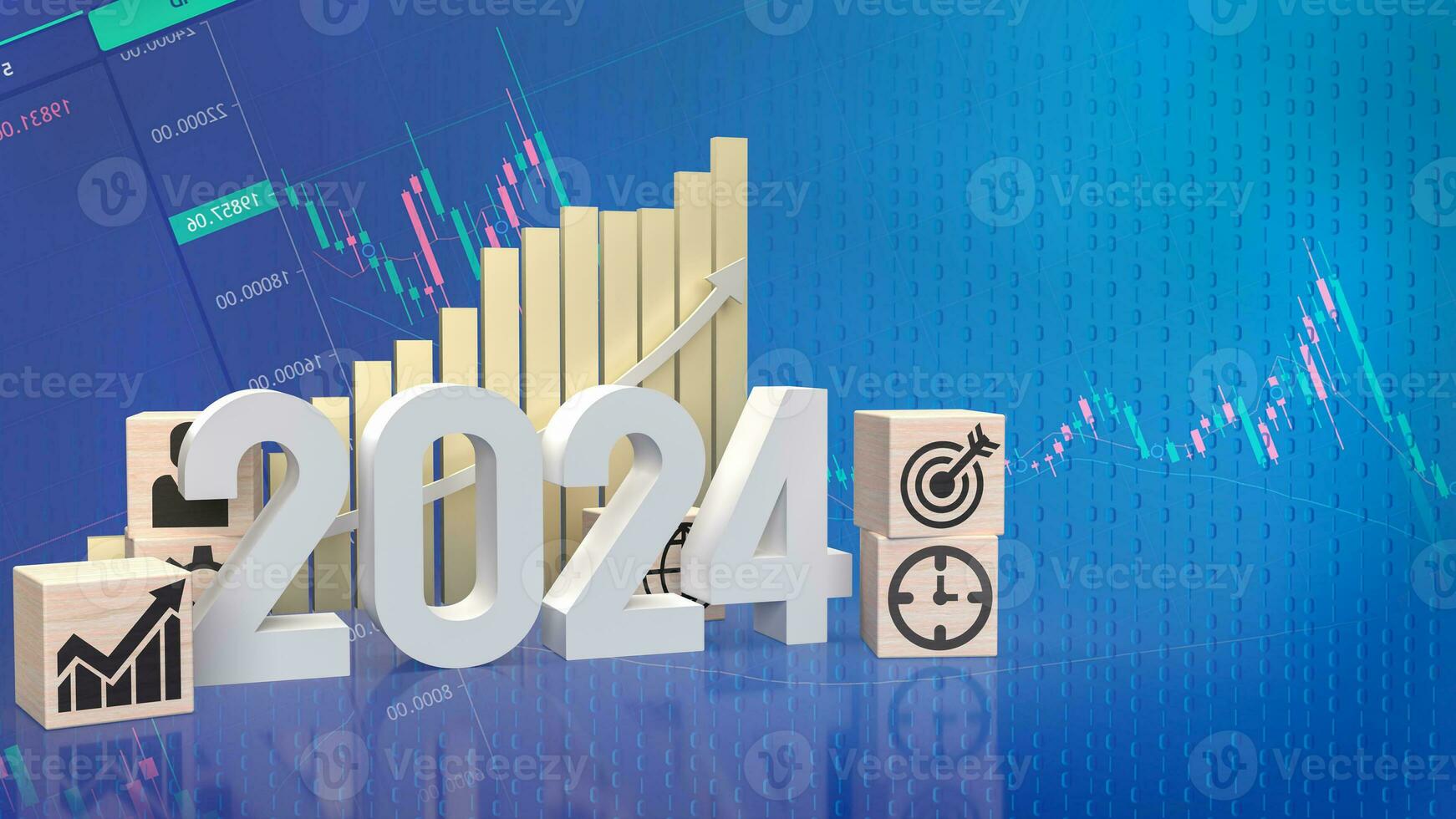 The 2024 Number and icon Business on wood cube 3d rendering photo