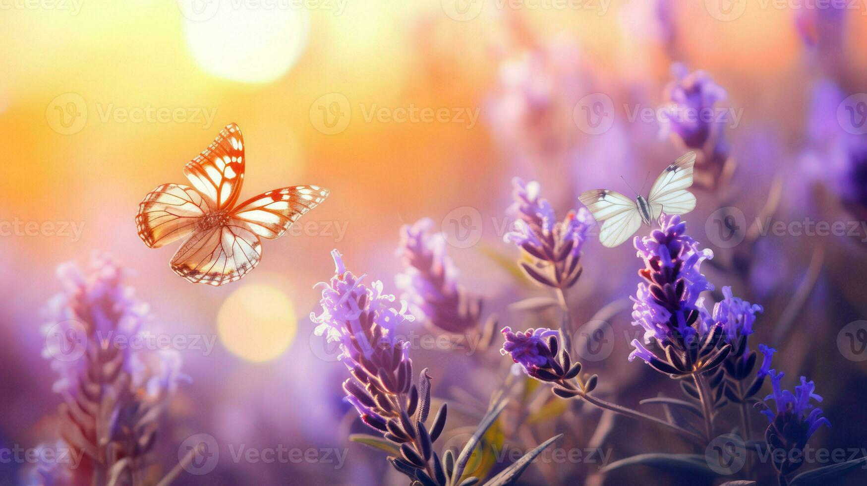 Beautiful purple lavender flowers and butterfly with bokeh effect photo