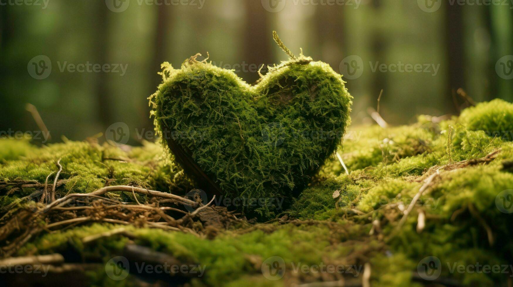 Heart shaped tree trunk covered with green moss in the forest, close up photo