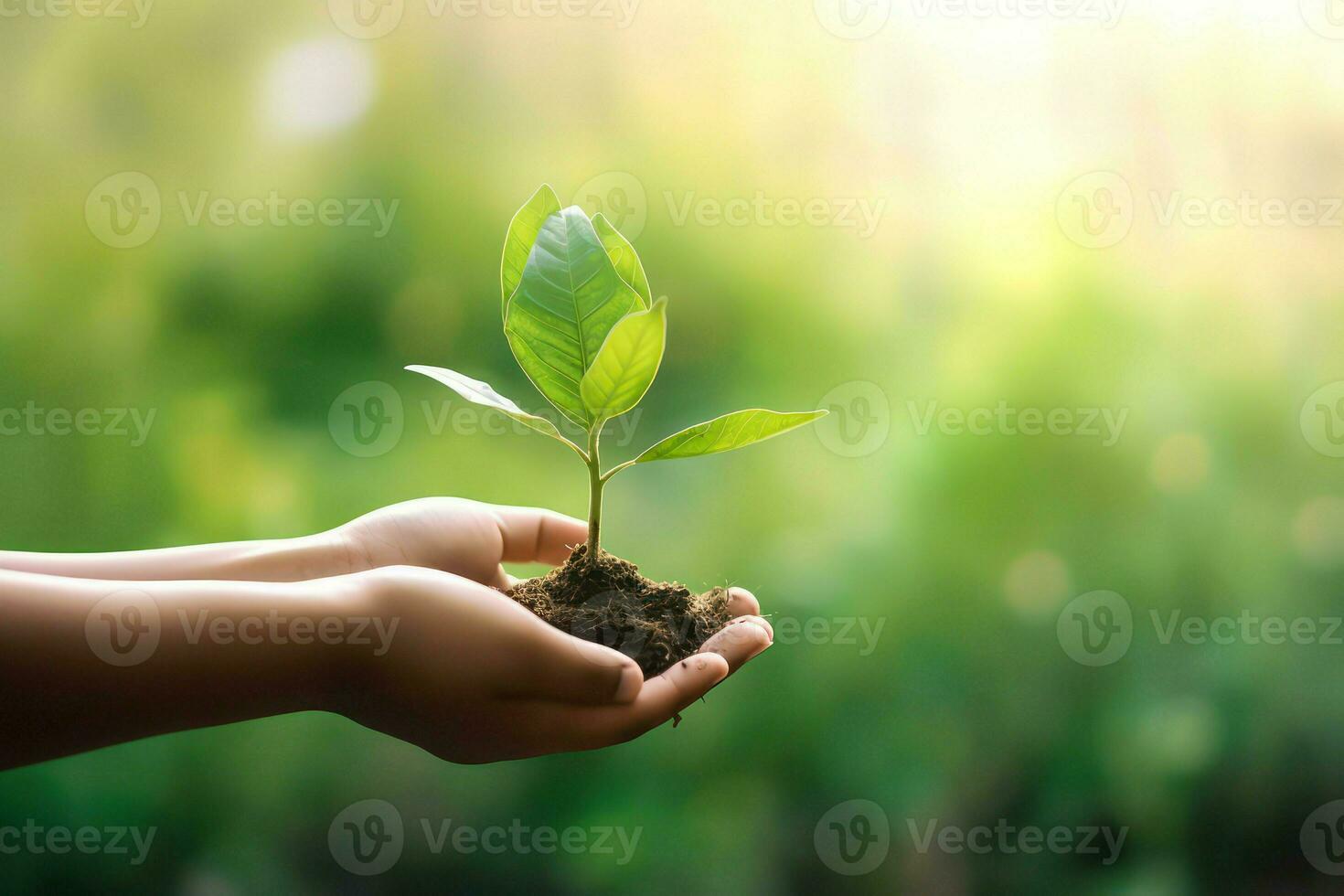 Human hands holding a young plant with green bokeh background. photo