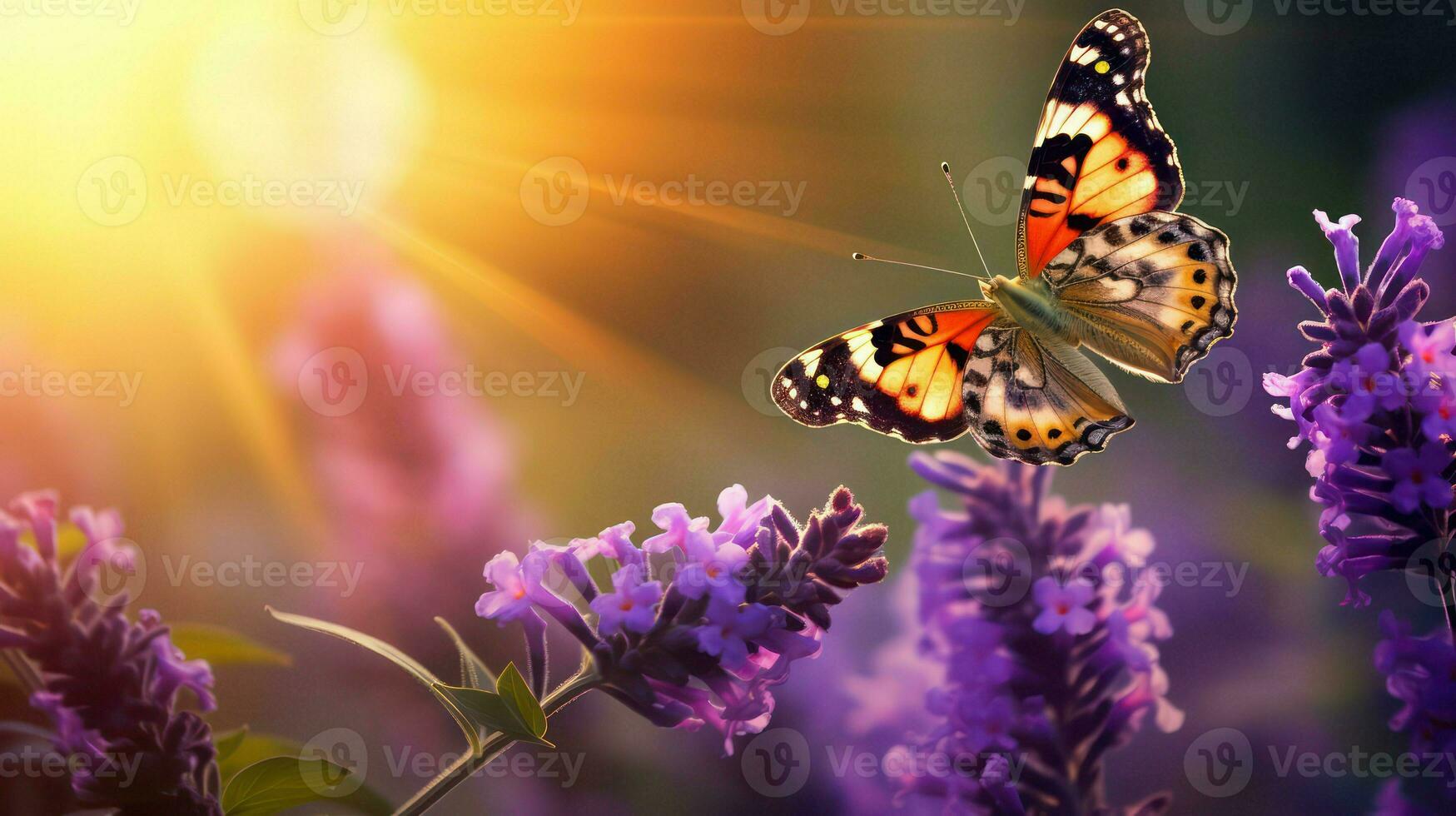 Beautiful purple lavender flowers and butterfly with bokeh effect photo