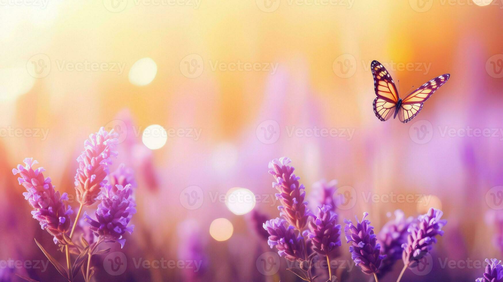 Beautiful purple lavender flowers and butterfly with bokeh effect photo