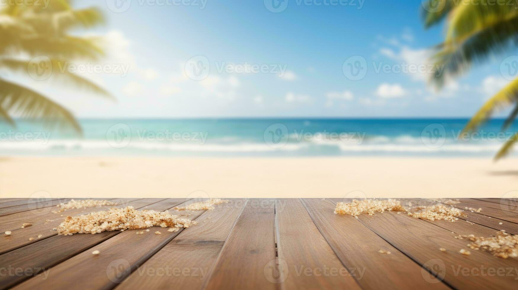 de madera mesa conjunto en contra un fondo de el mar, un isla, y un vibrante azul cielo. foto