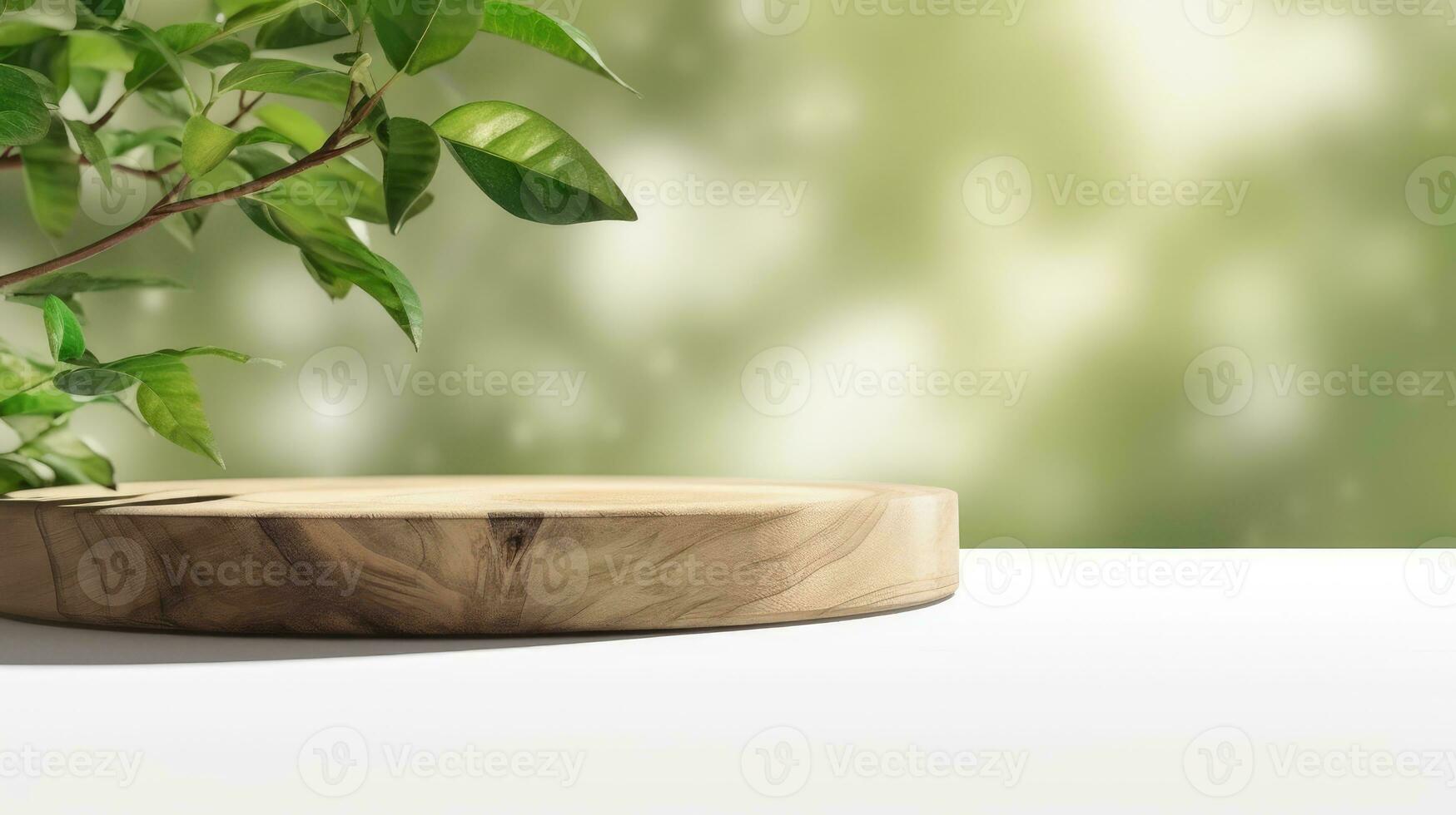 Wooden product display podium for cosmetic product with green nature garden background photo