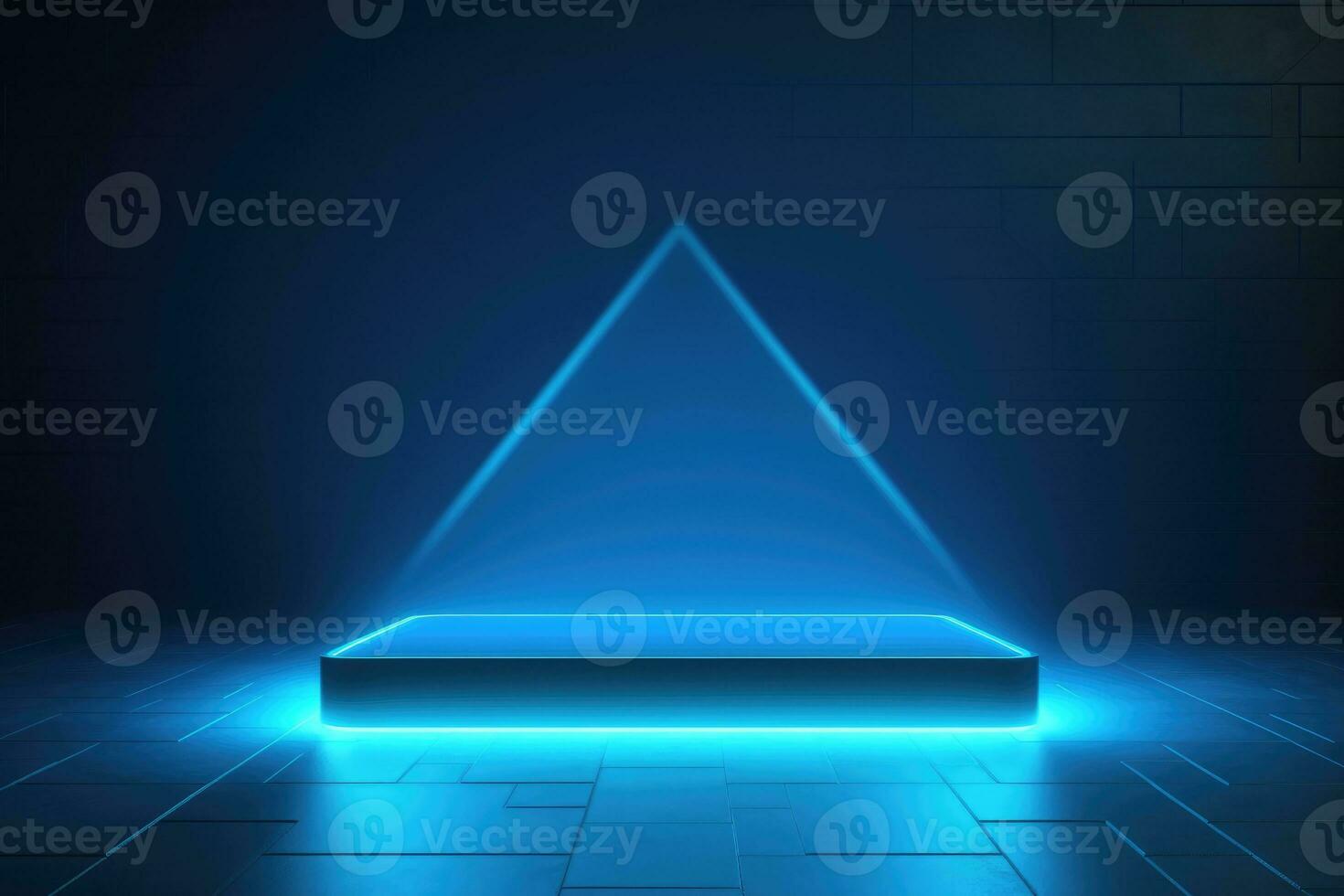 Cyberpunk Sci-Fi Product Presentation Podium with Glowing Lamp Frame in Dark - Technology Concept photo