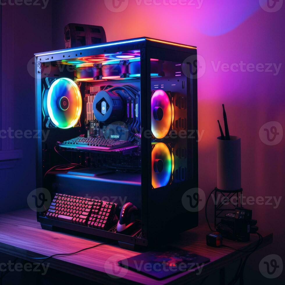 Futuristic powerful lighting computer in neon light, Neon Lights Gaming Computer photo