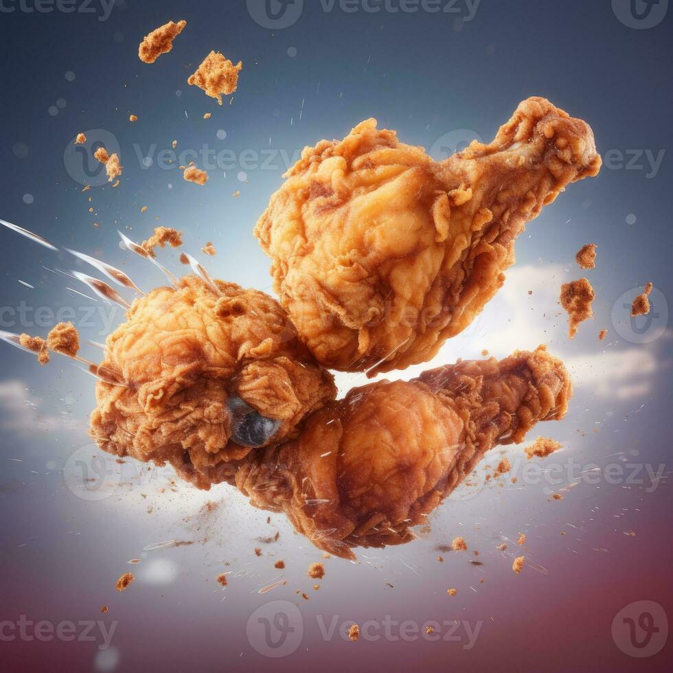 Delicious crispy BBQ fried chicken wings fly in air photo