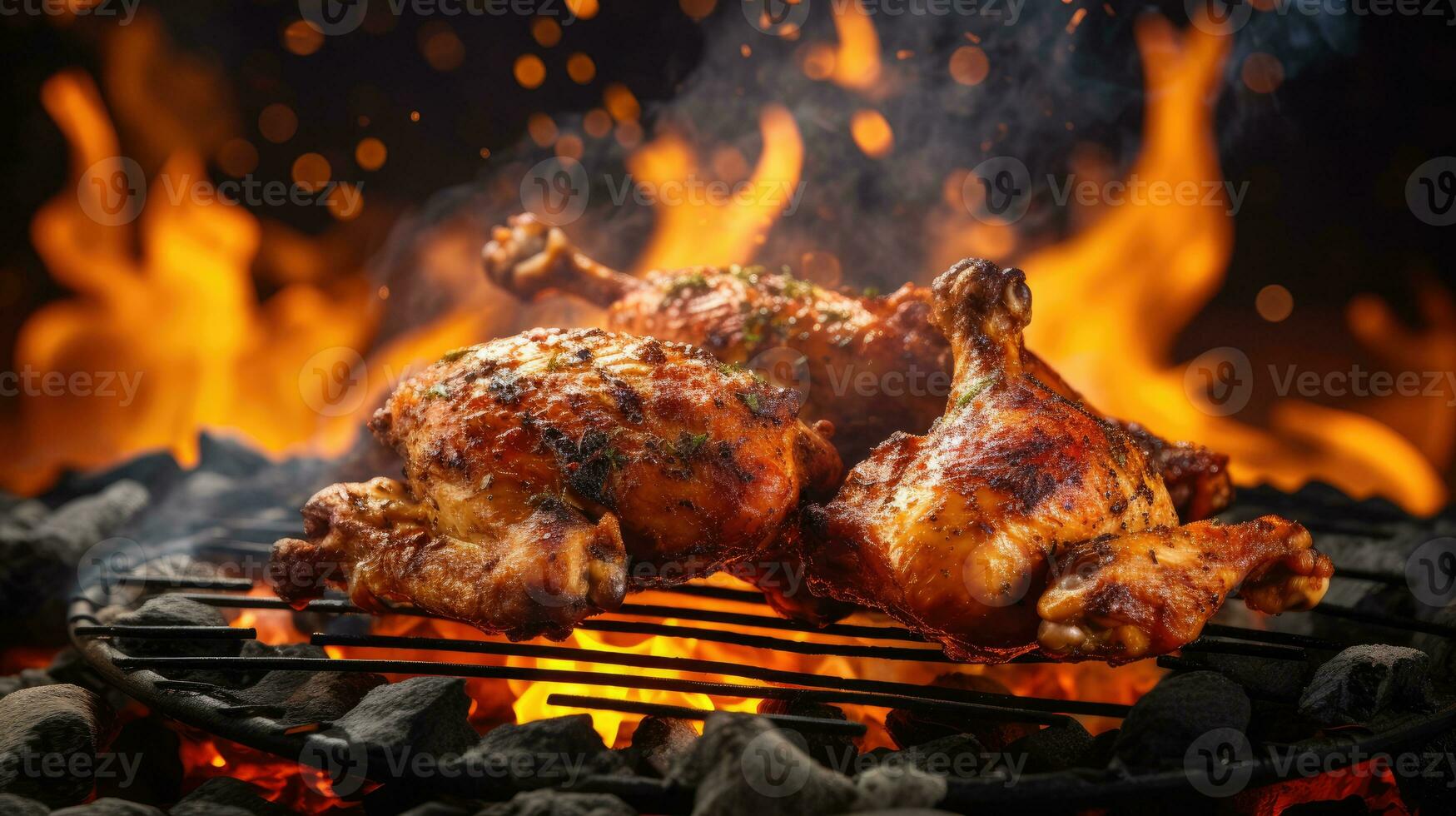 Roasted chicken legs on the grill with flames and smoke, close up photo