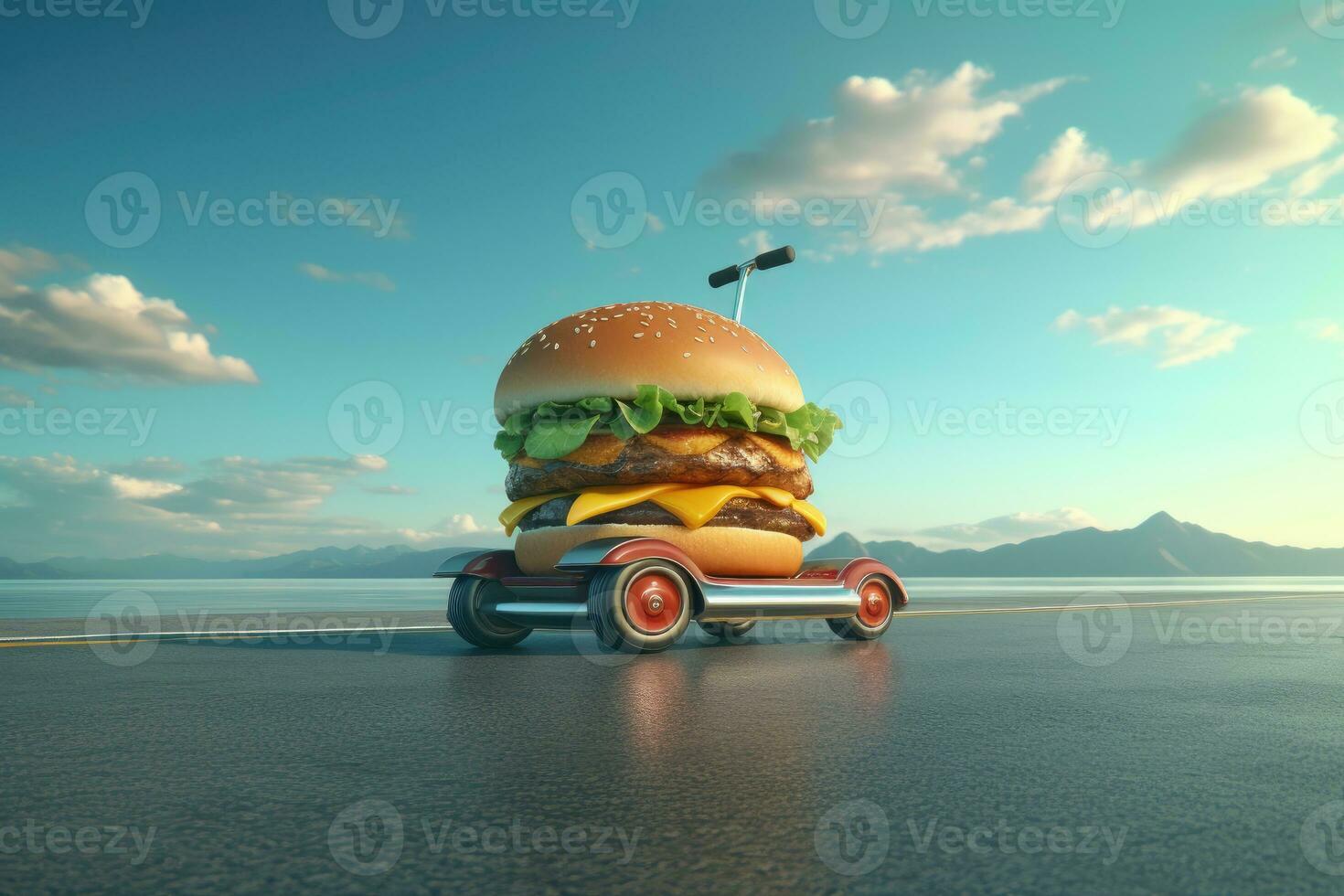 Burger delivery. Fast hamburger car. Cheeseburger as fast food car. Hamburger driving on the road. Fast food concept photo