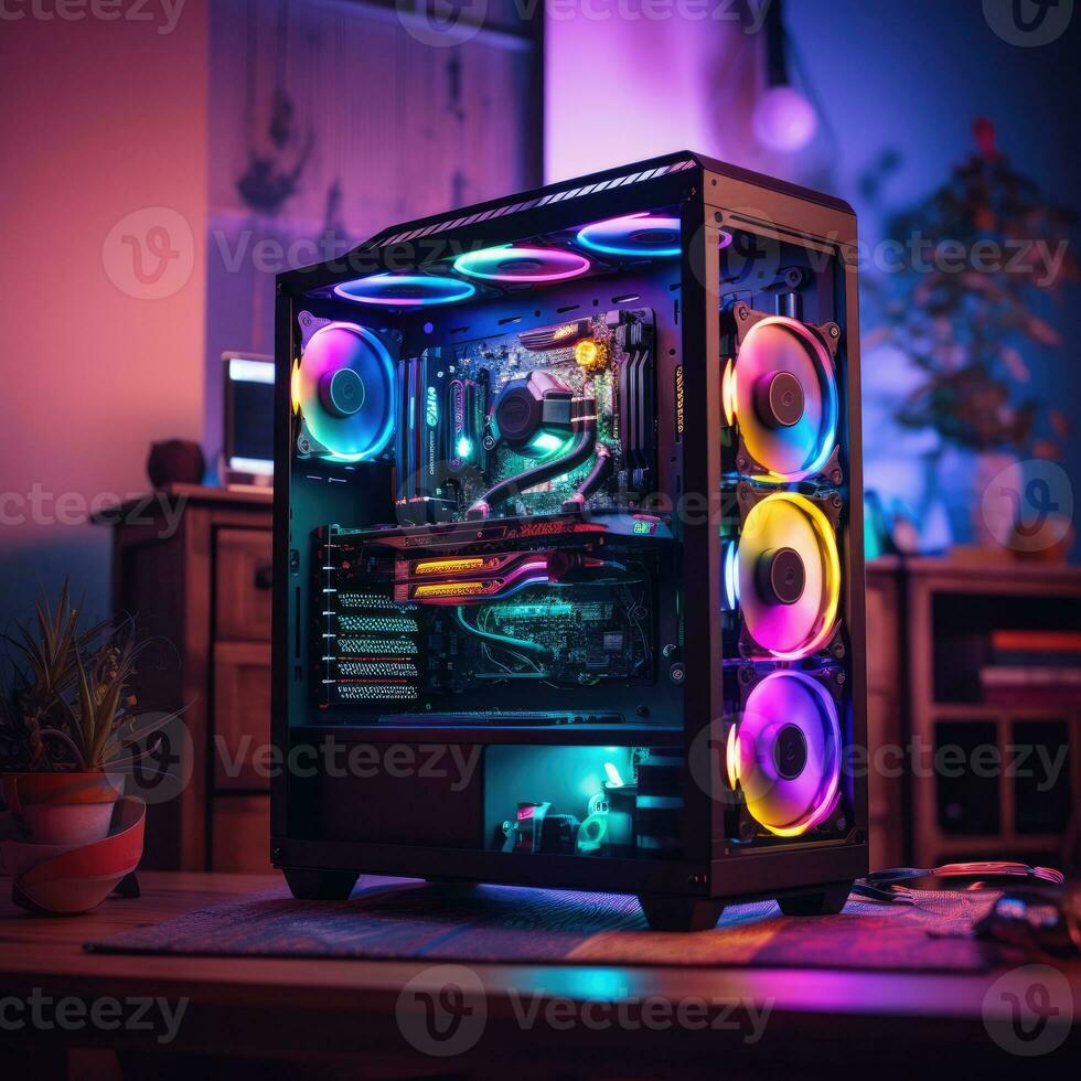 Futuristic powerful lighting computer in neon light, Neon Lights Gaming Computer photo
