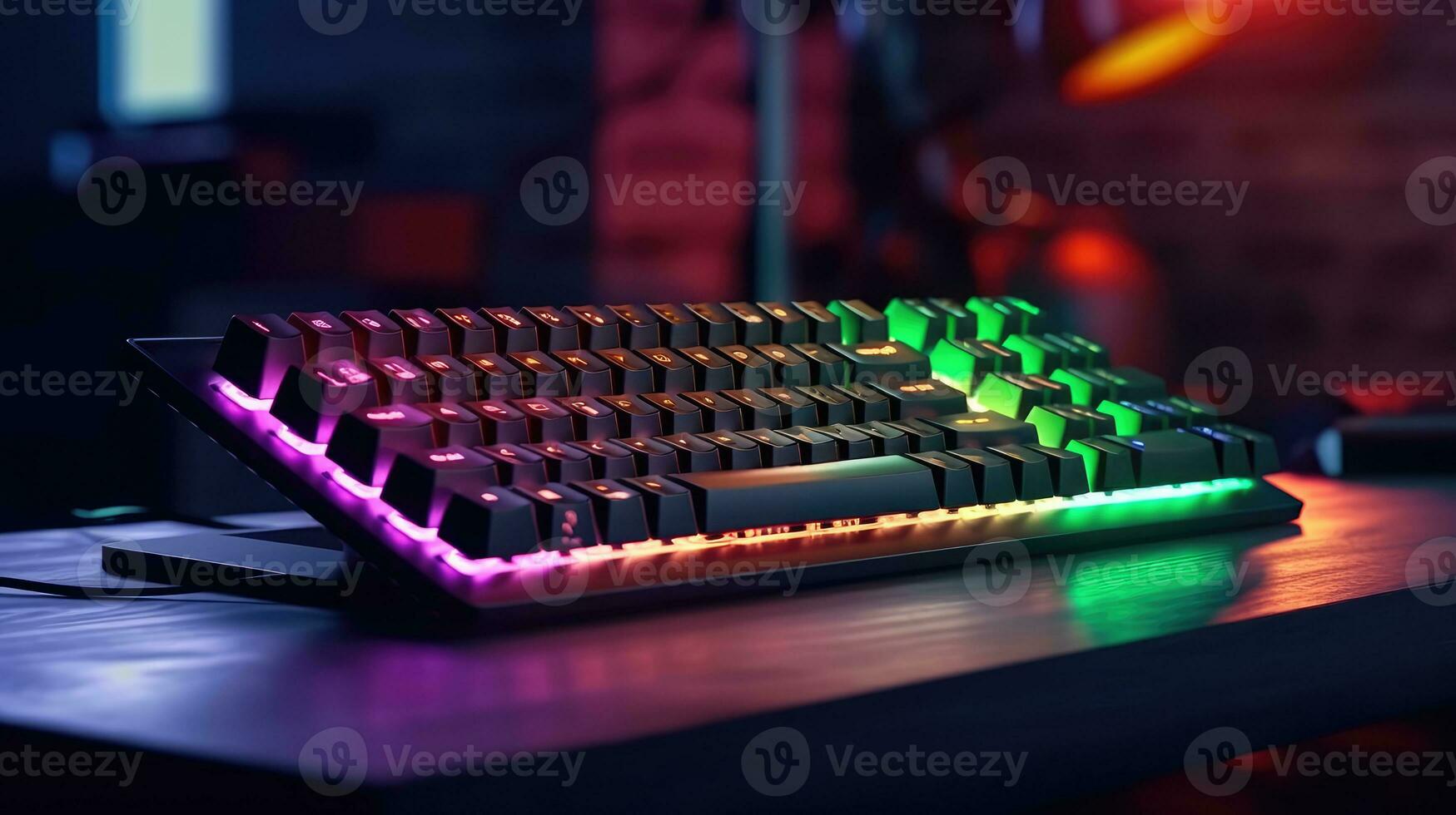 Computer gaming keyboard with neon lights on a interior gaming room background photo