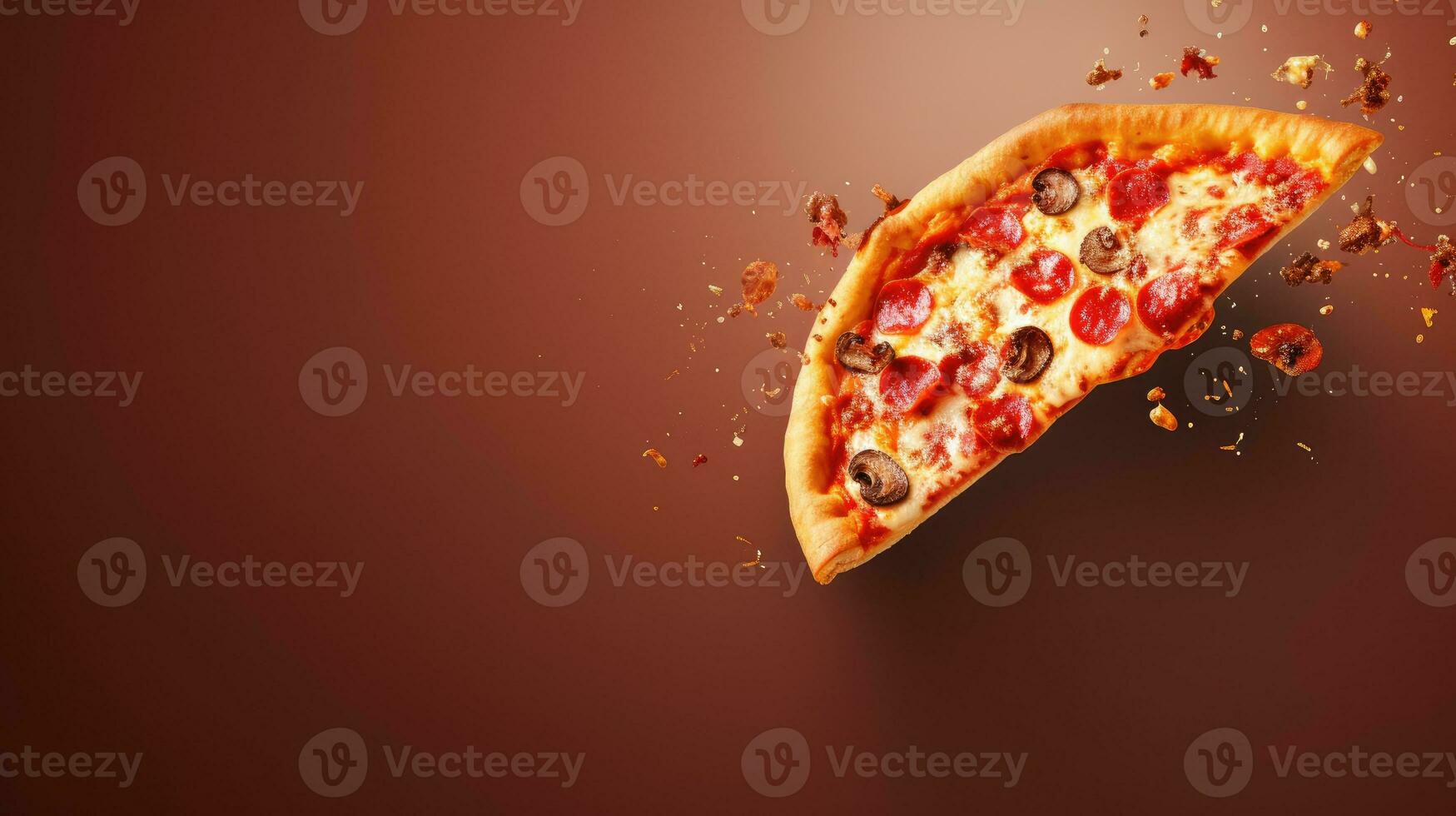 Slice of pizza falling into the air on a dark background. photo