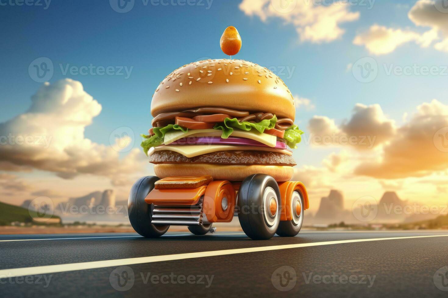 hamburguesa entrega. rápido hamburguesa coche. hamburguesa con queso como rápido comida coche. hamburguesa conducción en el la carretera. rápido comida concepto foto