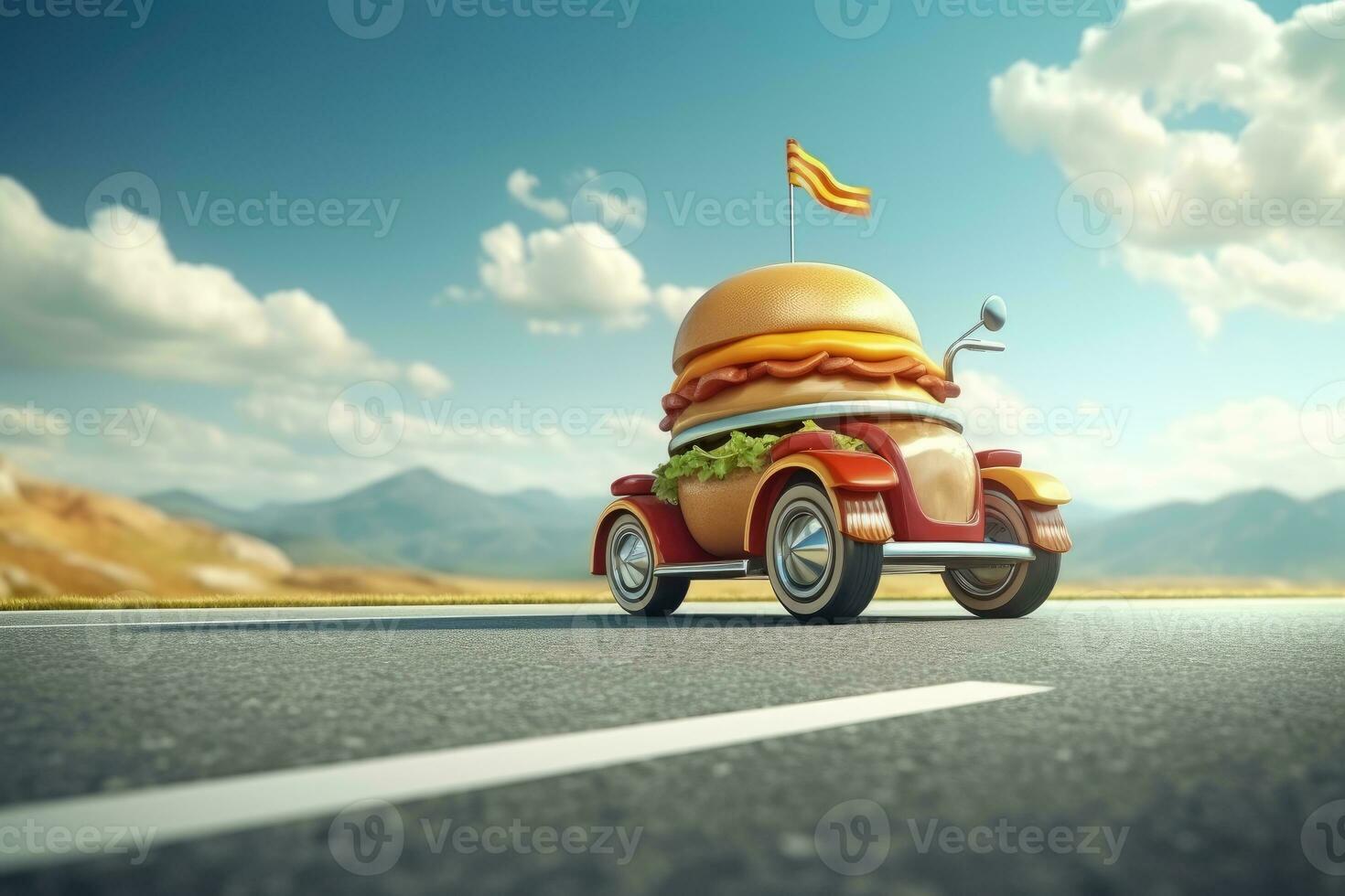 Burger delivery. Fast hamburger car. Cheeseburger as fast food car. Hamburger driving on the road. Fast food concept photo