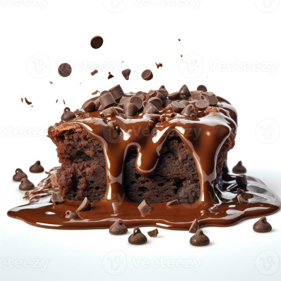 Chocolate brownie cake with ice cream and chocolate syrup isolated on white background photo