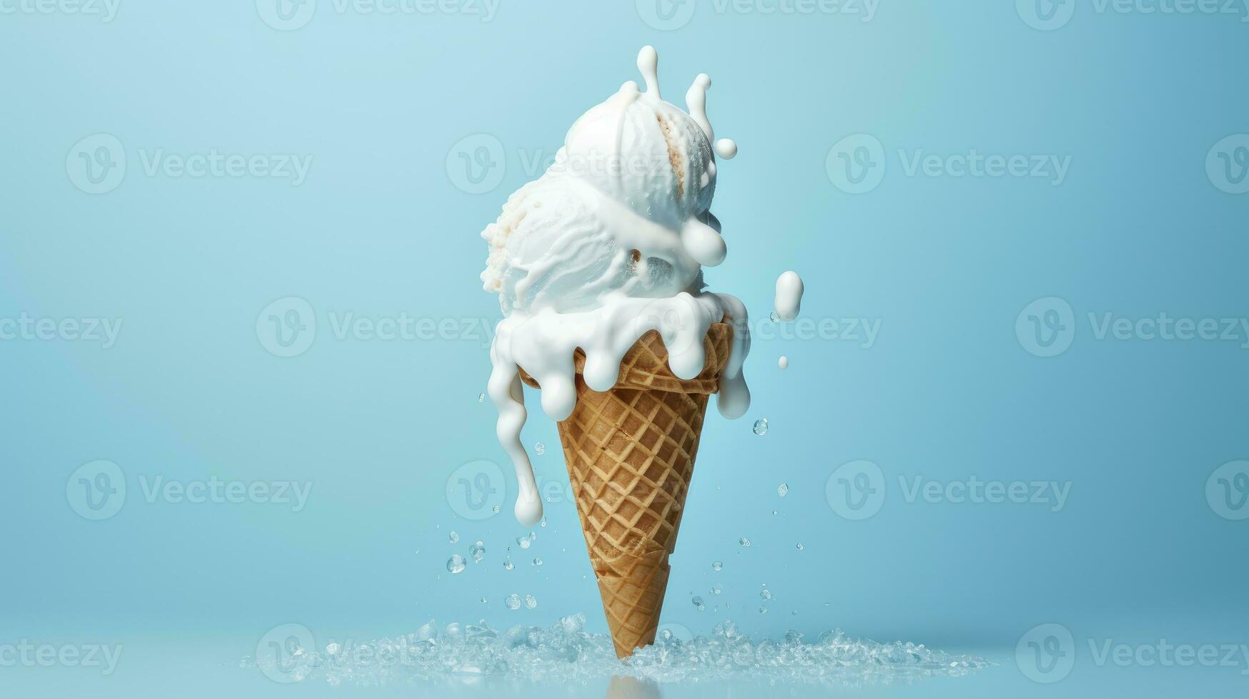 ice cream cone with chocolate and ice cream on blue background photo