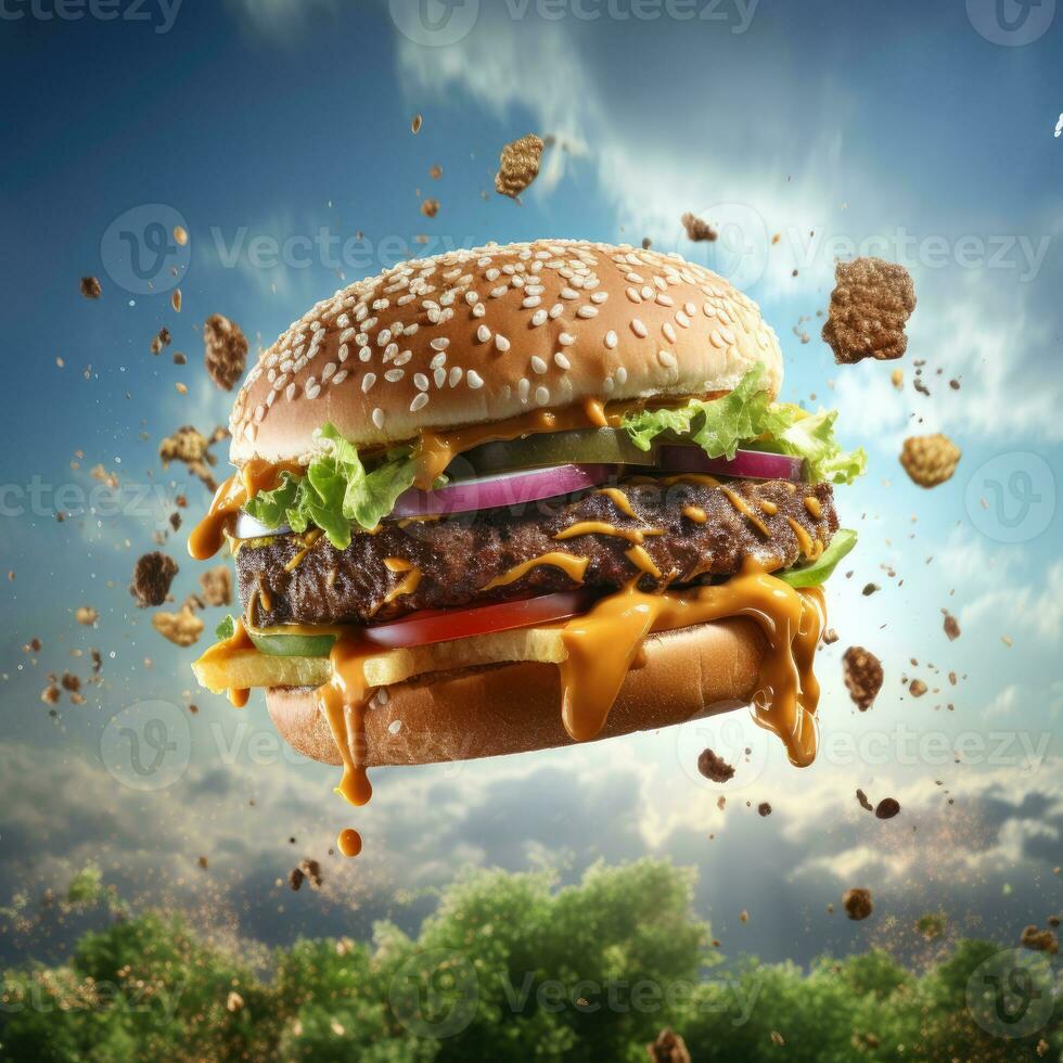 Big hamburger with flying ingredients on blue sky background. Fast food concept photo