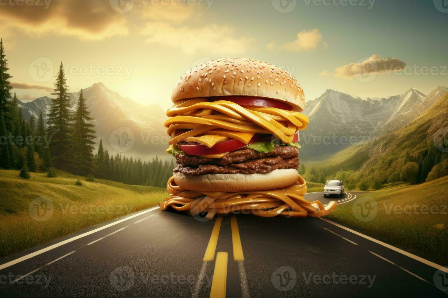 Burger on the highway road sky view background photo