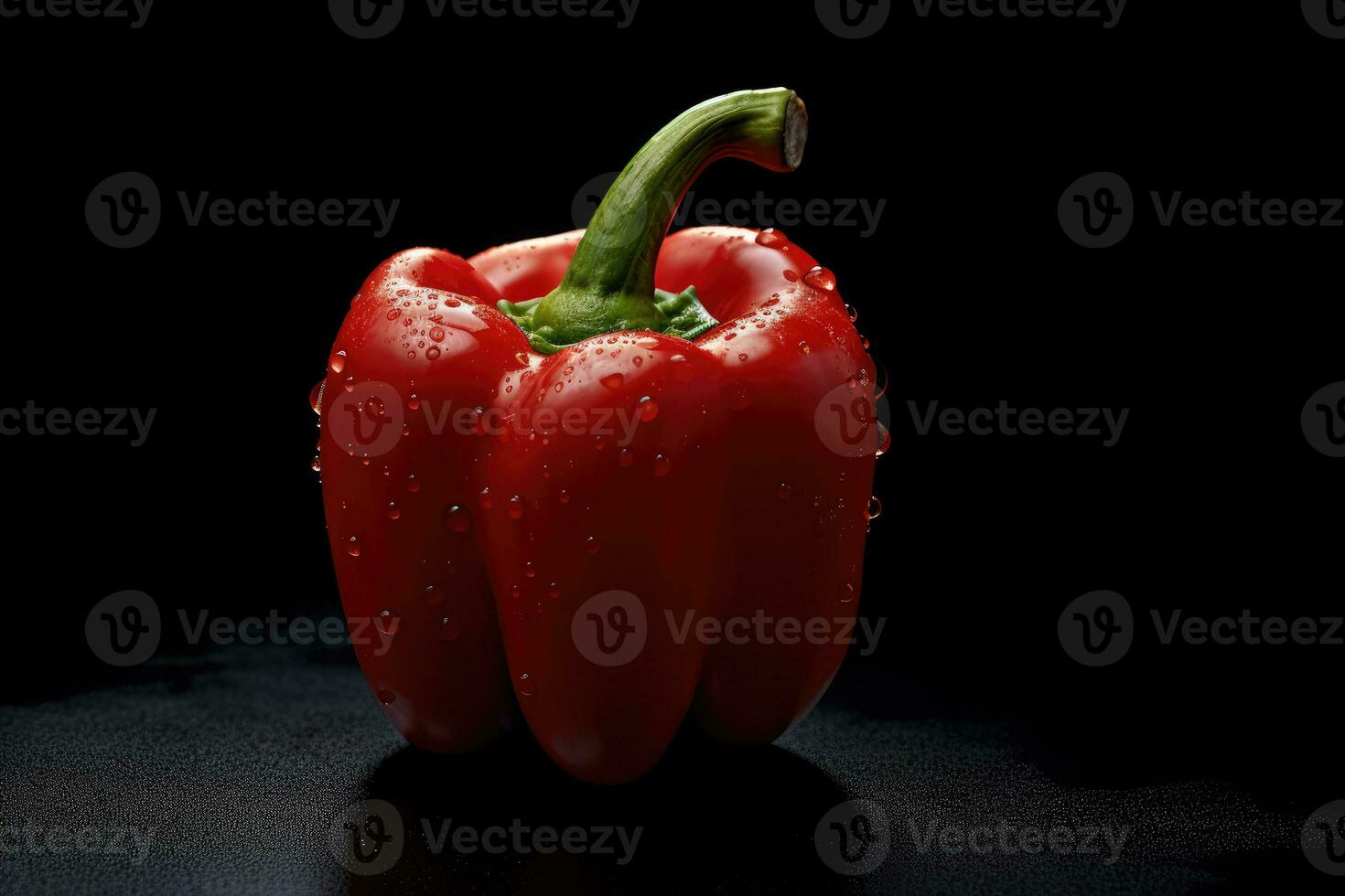 Red bell pepper on black background with drops of water. Studio shot. photo