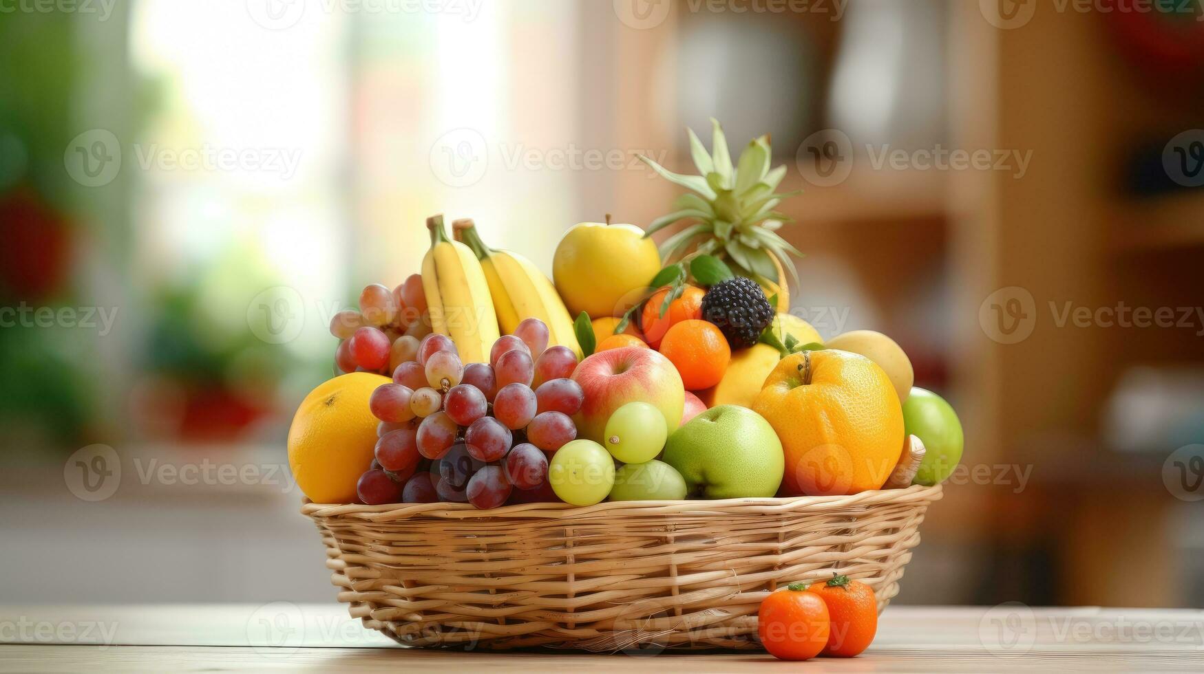 Fruits in a basket on the table, close-up. photo