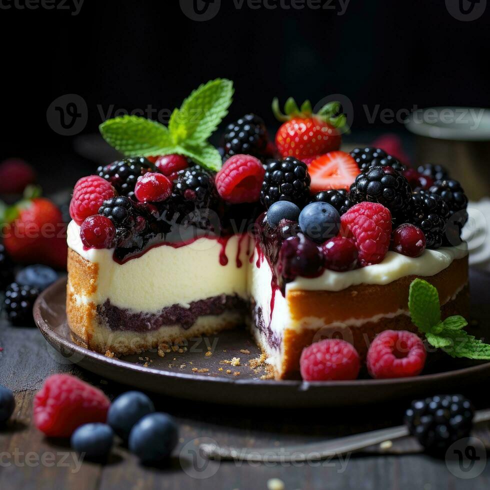 Cheesecake with fresh berries on wooden background photo