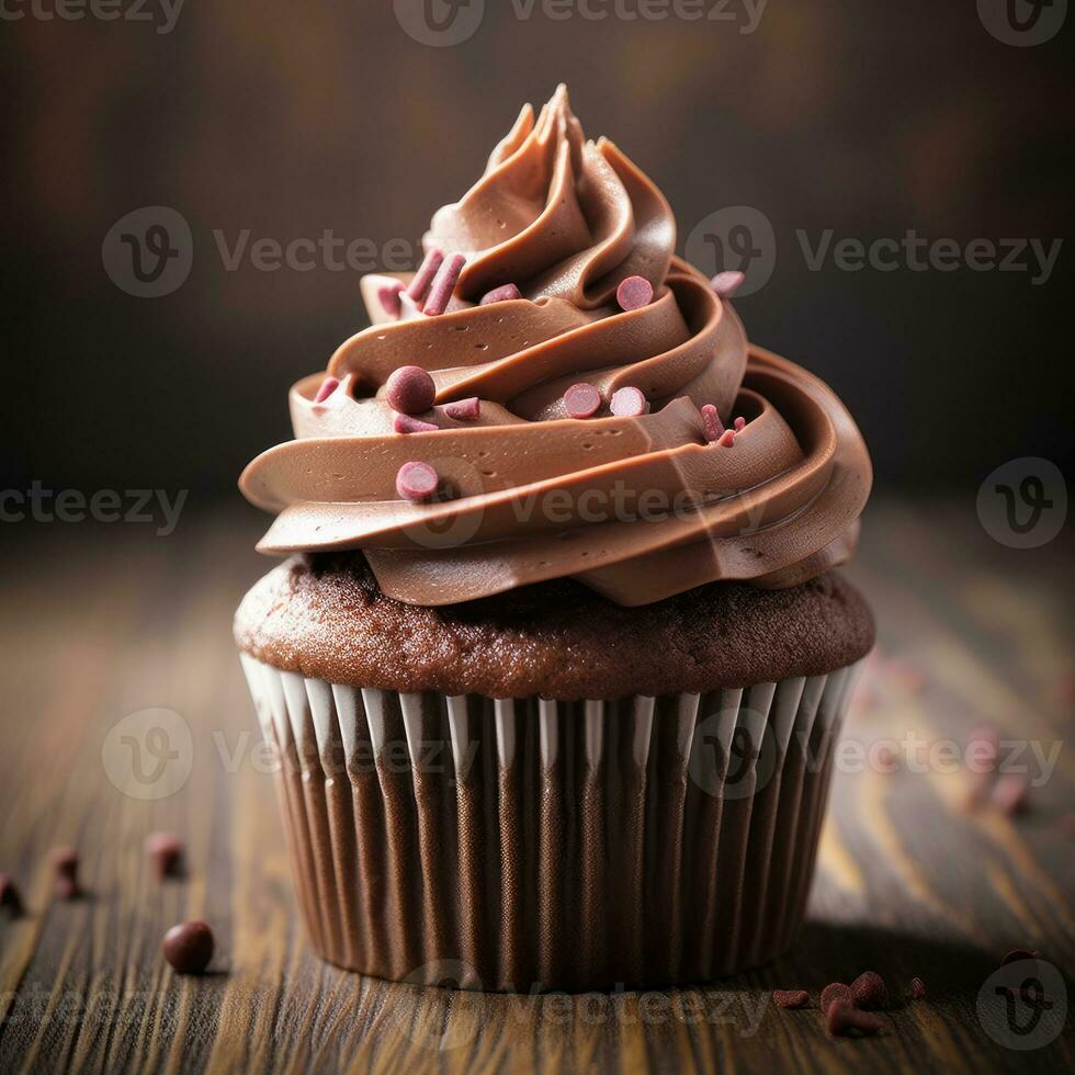 Chocolate cupcake with cream and chocolate chips on dark wooden background photo