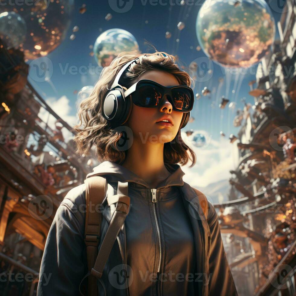 Portrait of a boy wearing a VR googles abstract landscape background photo