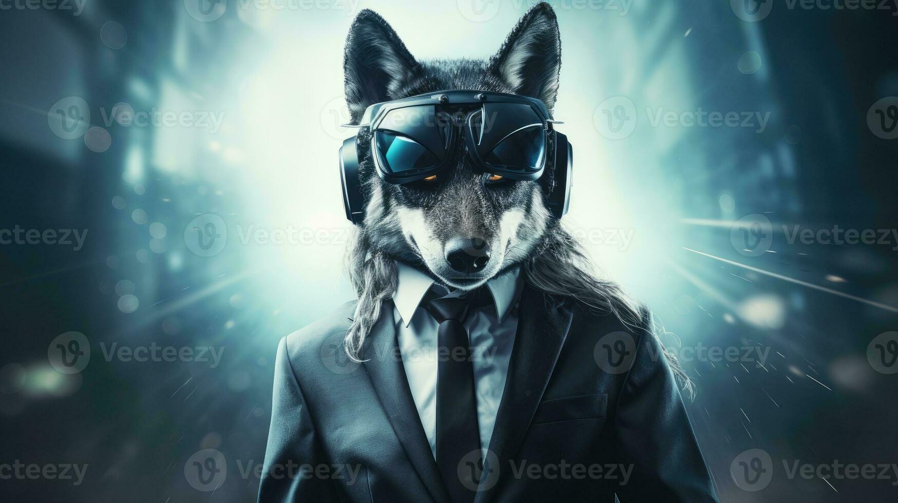 Portrait of a wolf dressed in a suit and a tie with headphones and glasses photo