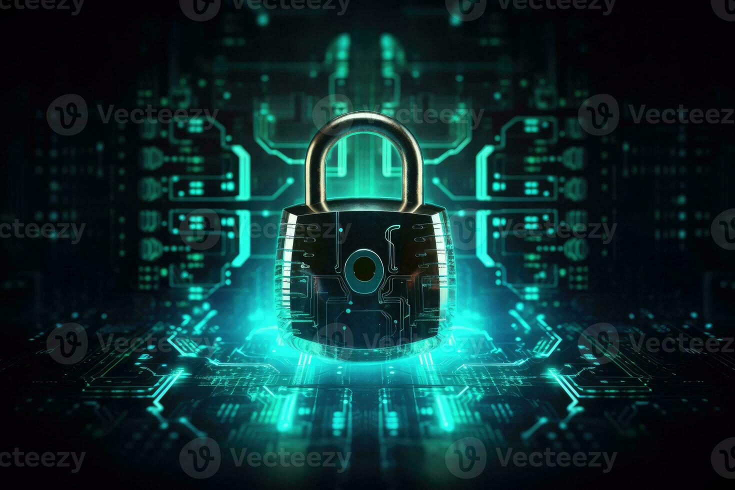 Cyber security concept with padlock on circuit board background photo