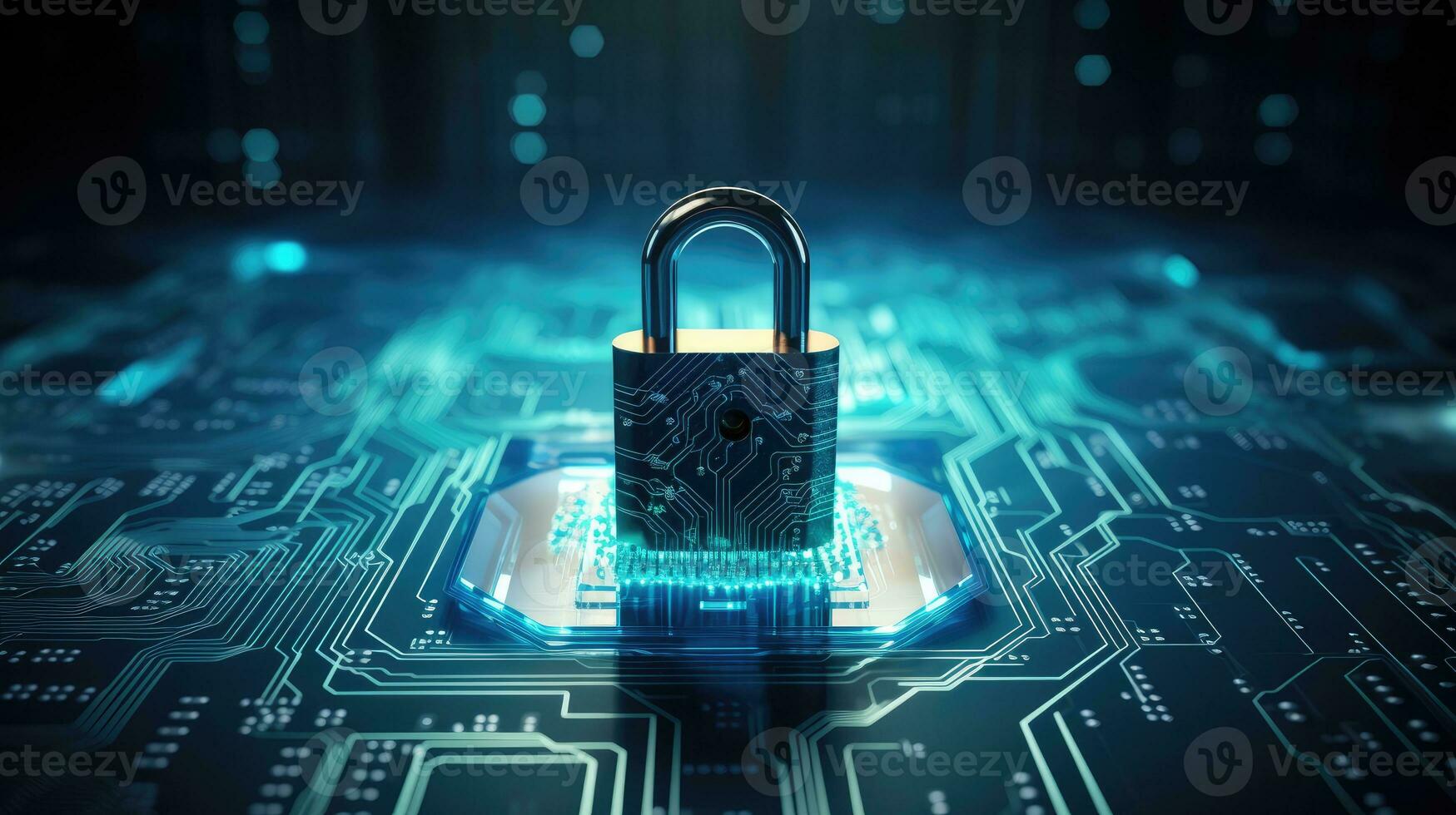 Cyber security concept with padlock on circuit board background photo