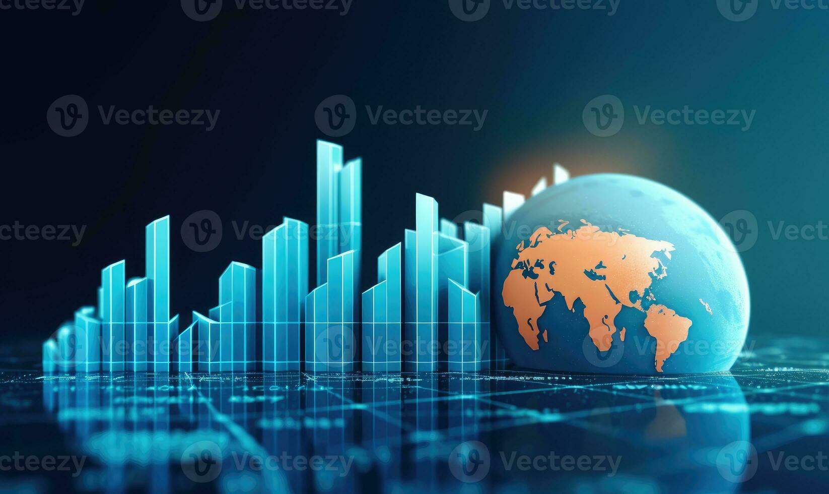Globe and stock market chart on blue background photo