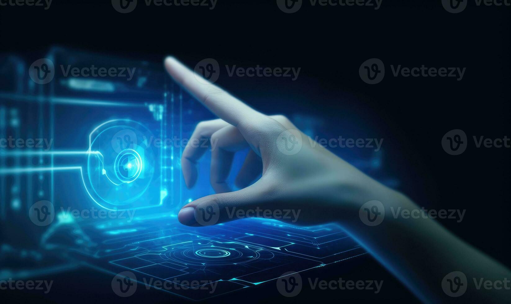 Close up of human hand touching icon on virtual screen photo