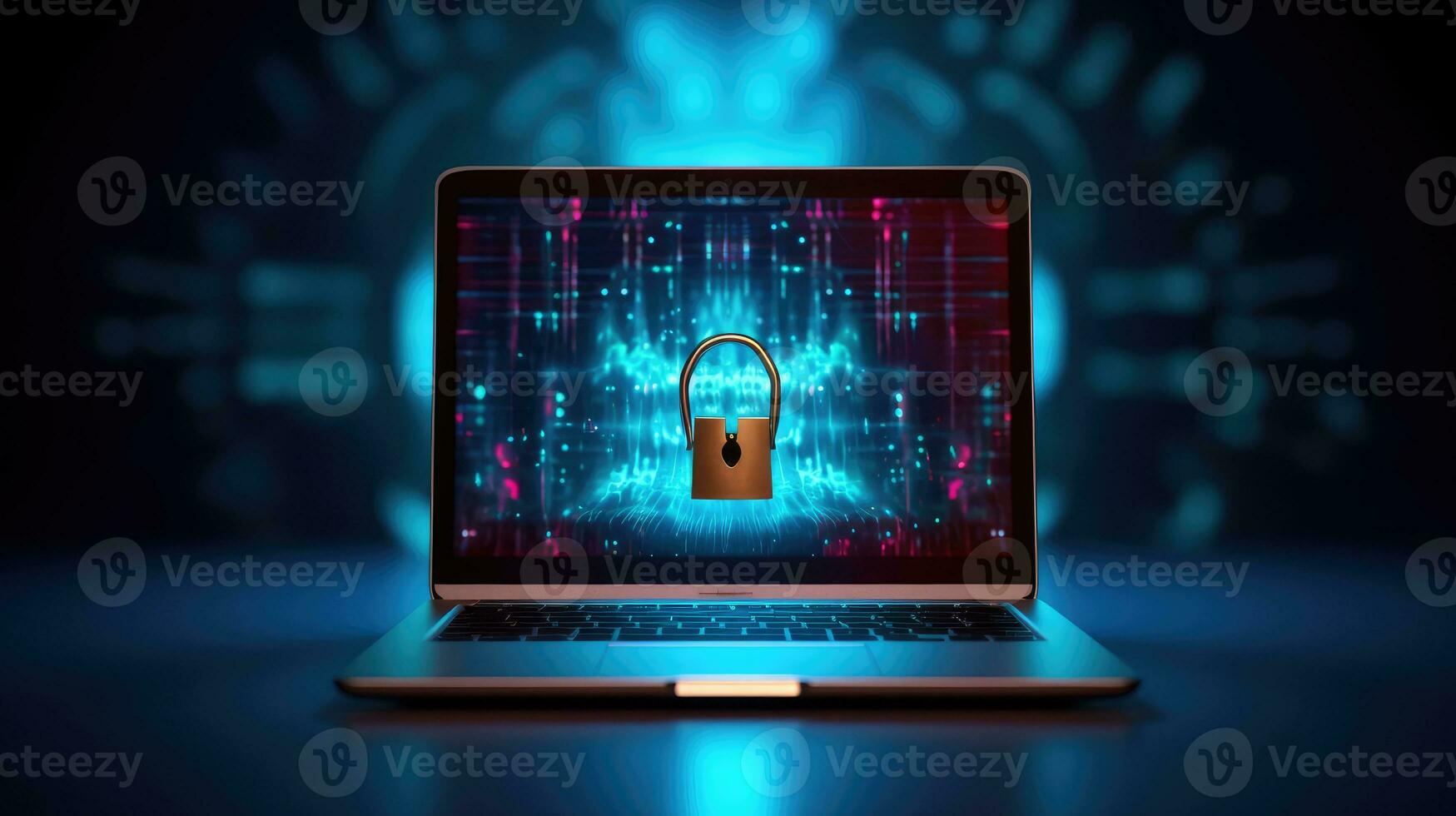 Cyber security concept. Closed padlock on laptop screen photo