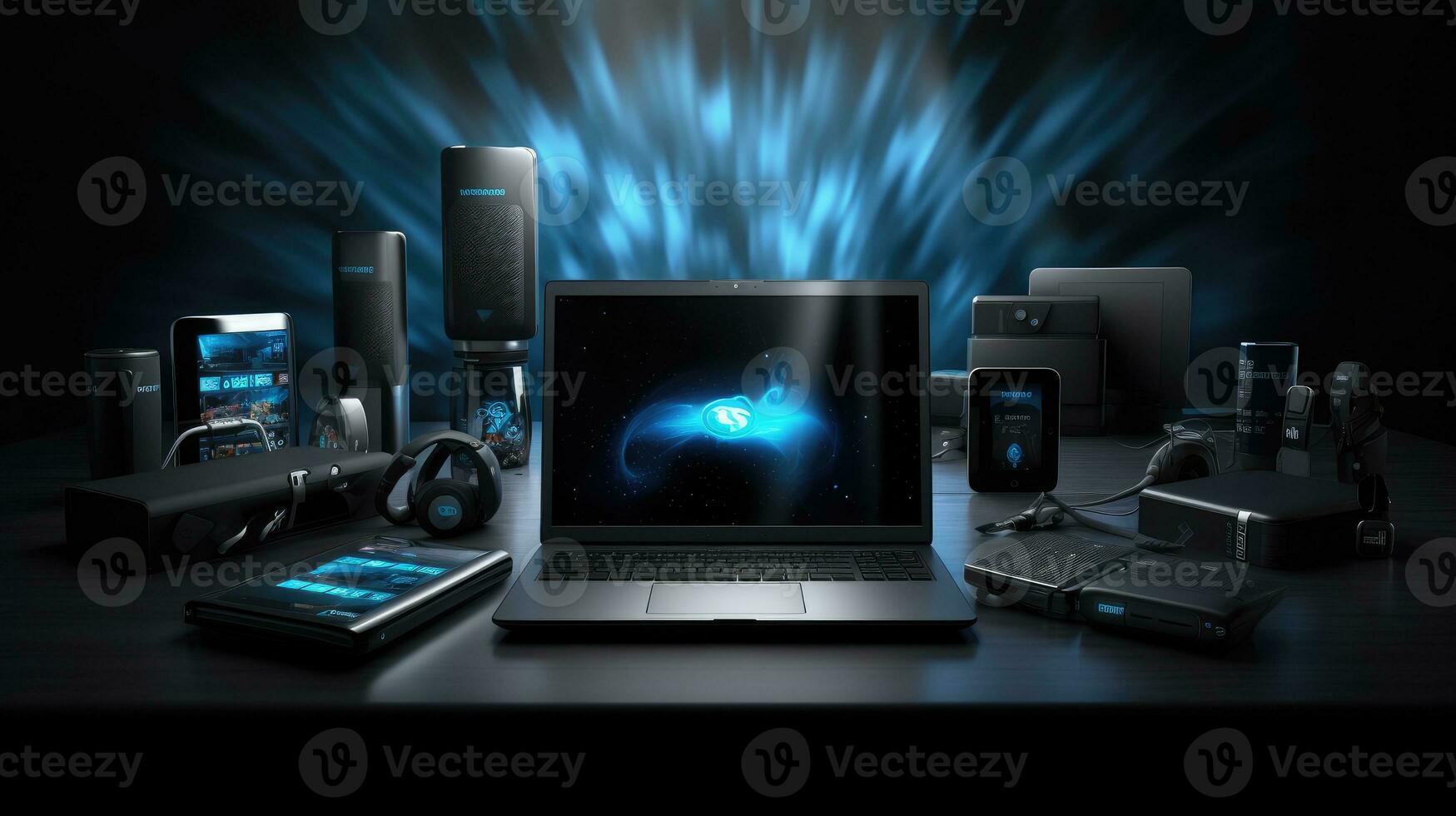 Laptop with cloud computing concept on dark background photo