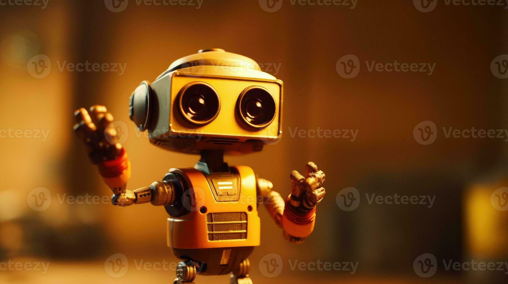 a cute robot standing on a dark background. photo