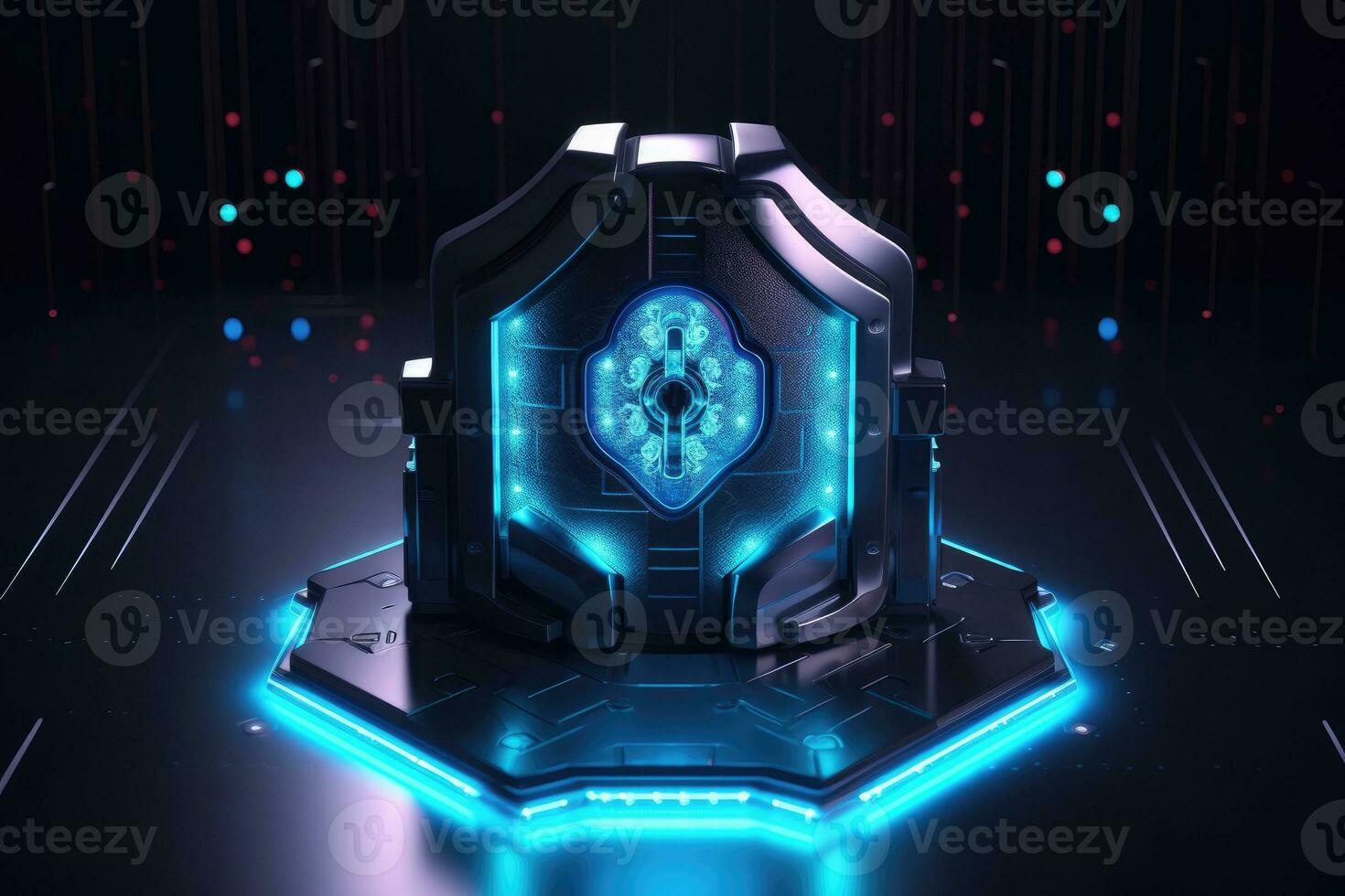 Cyber security concept. Shield padlock with keyhole on circuit board background, neon lights background photo