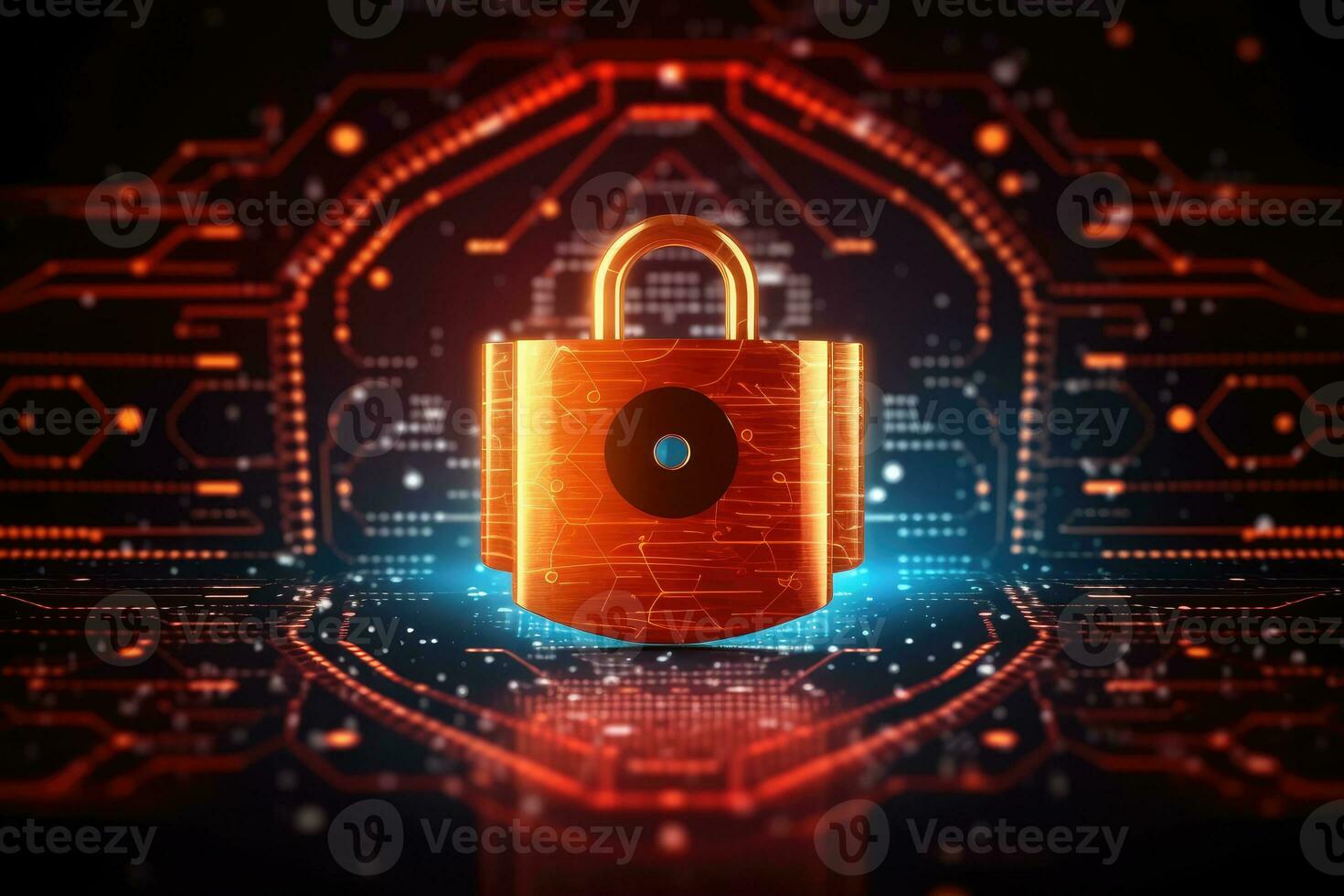 Cyber security concept. Shield padlock with keyhole on circuit board background, neon lights background photo