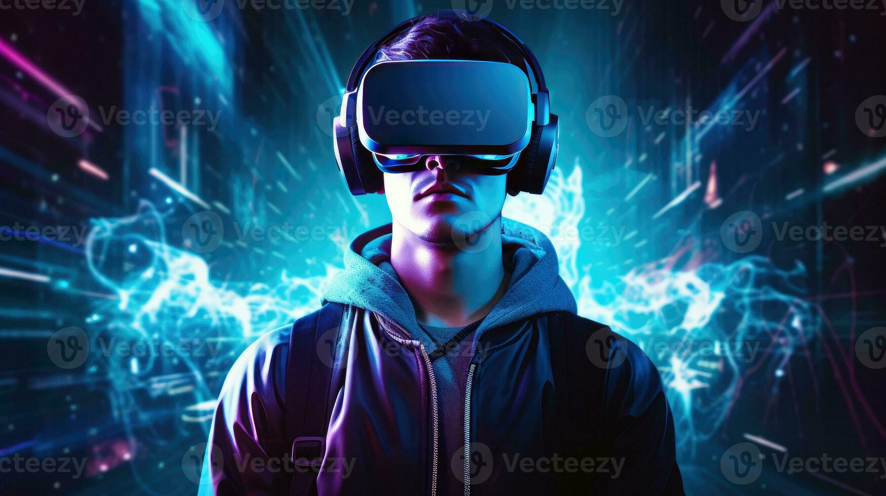 Portrait of young man wearing virtual reality headset against futuristic background photo