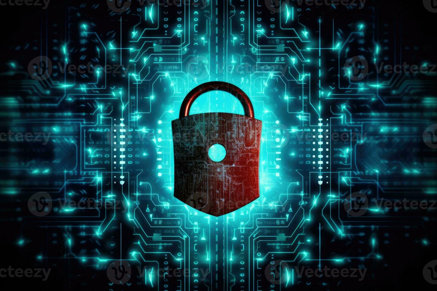 Cyber security concept. Shield padlock with keyhole on circuit board background, neon lights background photo
