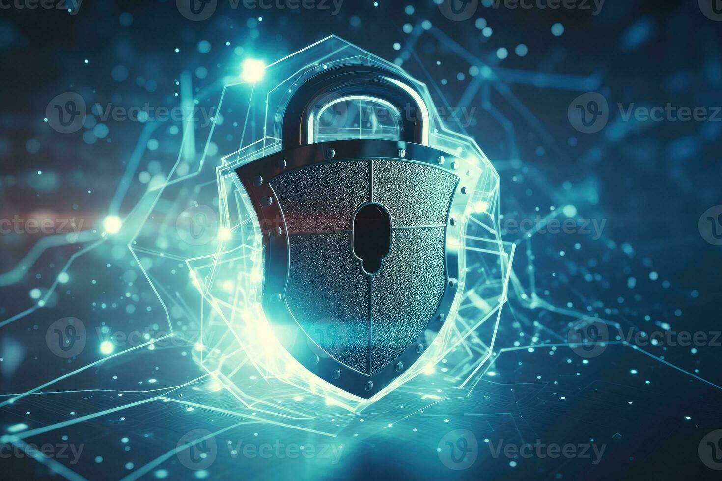 Cyber security concept. Shield padlock with keyhole on circuit board background, neon lights background photo