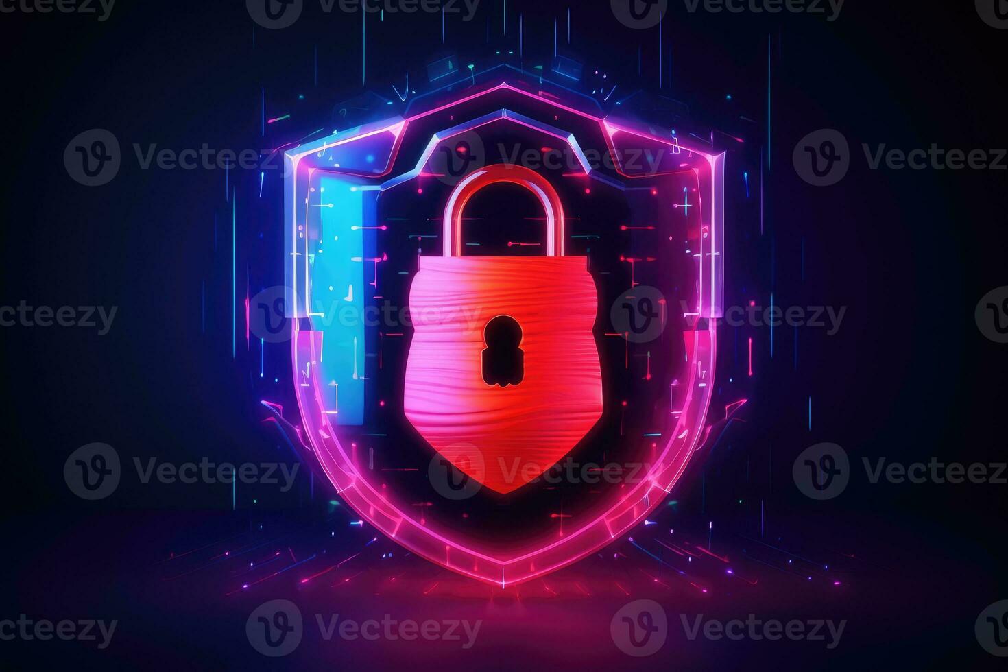 Cyber security concept. Shield padlock with keyhole on circuit board background, neon lights background photo