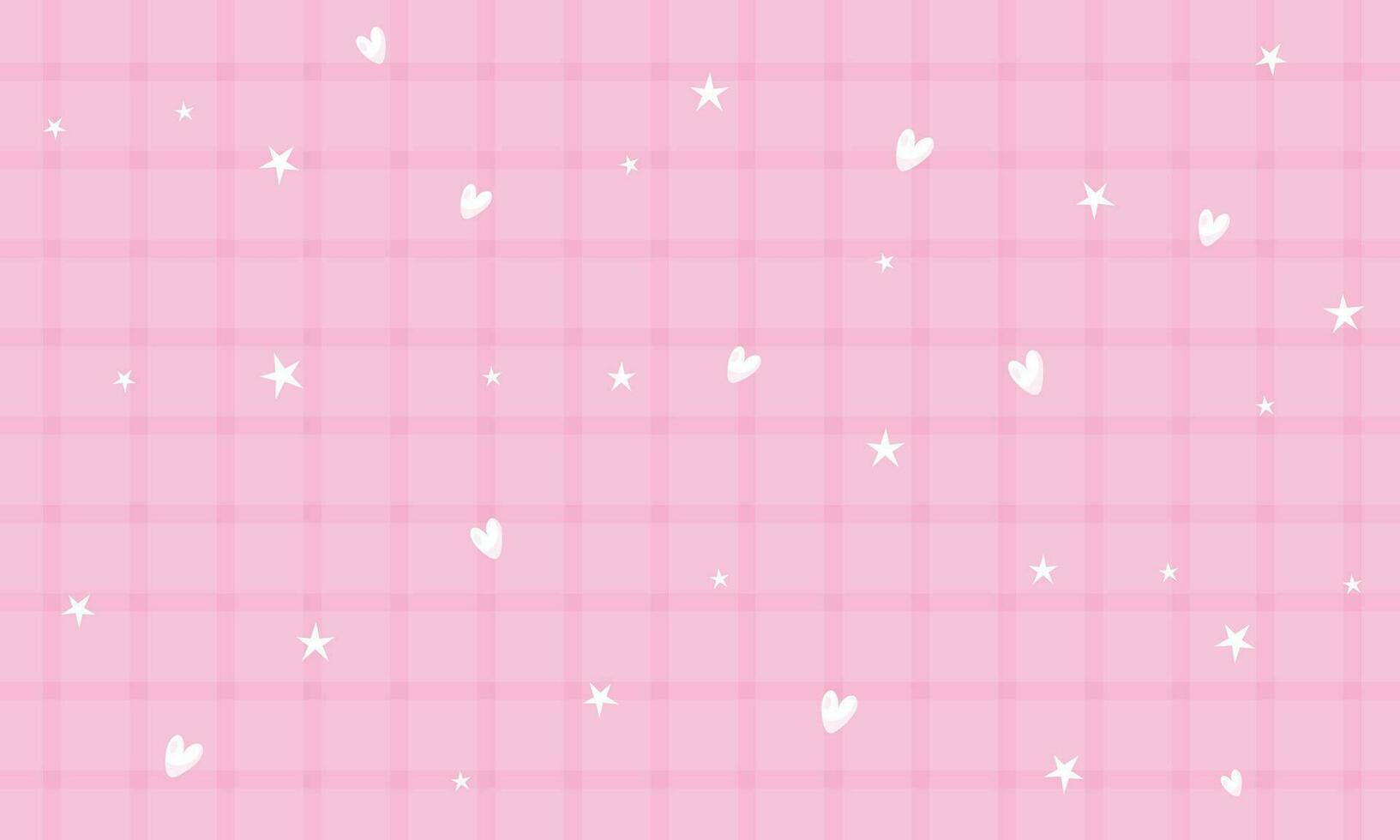 Vector cute pink gingham plaid checkered pattern with heart and star background wallpaper