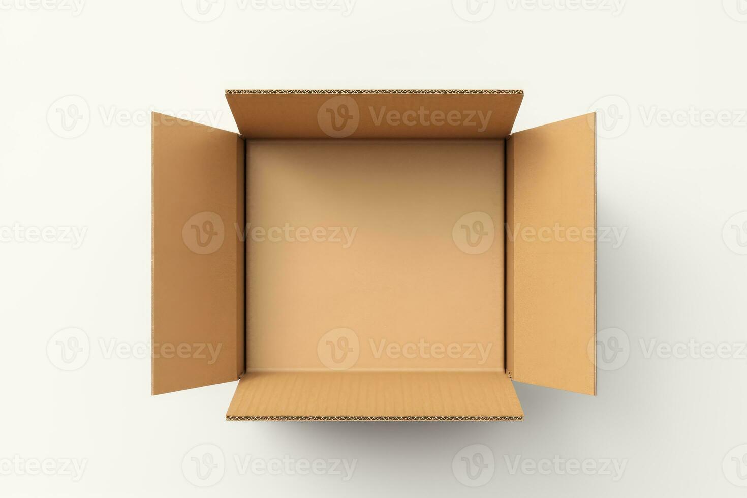 Top view of open cardboard box mockup on white background, photo