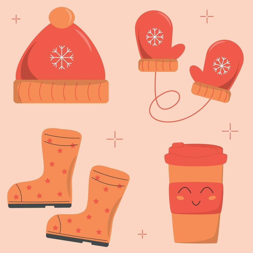 winter accessories set with coffee cup, mittens, boots and hat vector