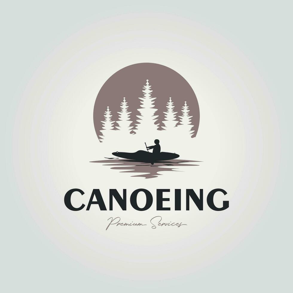 simple canoe logo on lake and forest, illustration design of water rafting with kayak at sunset icon vector