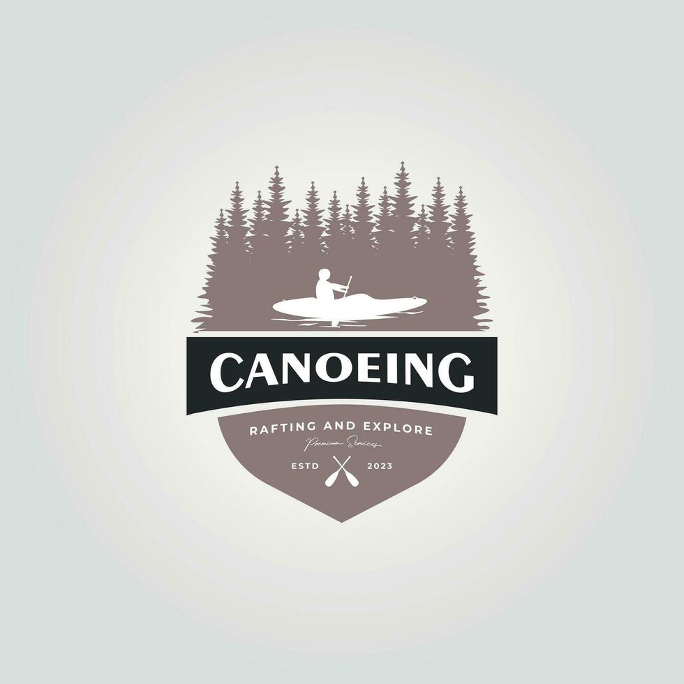 canoe logo emblem with a man, kayak logo badge illustration design on lake and forest vector